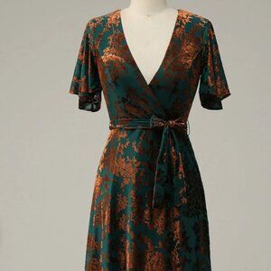 Floor length velvet burnout teal/bronze  wrap dress